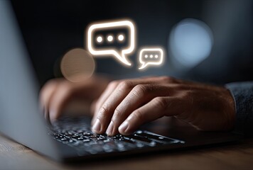 Hands typing on laptop with glowing chat bubbles