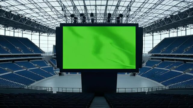 Empty modern sports stadium with giant green screen billboard for custom content display, rows of blue seats and roof structure visible