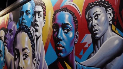Colorful mural of diverse faces in vibrant abstract artistic style. - Powered by Adobe