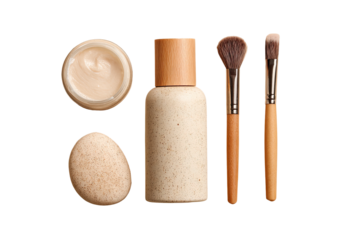 Beige skincare and makeup set.  Cream jar, bottle, and brushes