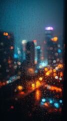 Obraz premium Cityscape At Night Through Rainy Window