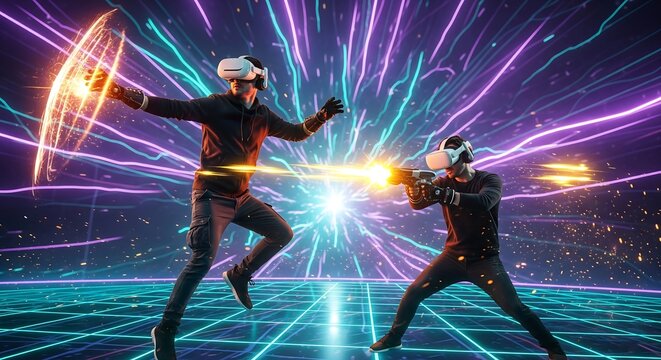 Two people engaging in futuristic vr gaming experience wearing virtual reality headsets with energy blasts