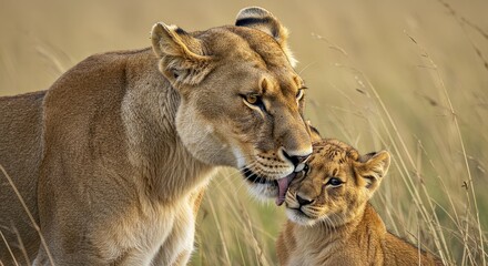 Fototapeta premium A lioness licking her cub affectionately.