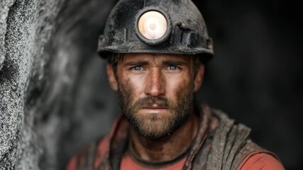 Portrait miner helmet light dirt man blue eyes beard underground cave rugged serious worker close up dusty labor profession safety hard hat exploration mining industry intense determination - Powered by Adobe