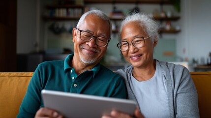 Obraz premium An elderly couple sharing a tablet, smiling and enjoying each other's company.
