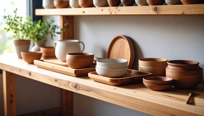 Wooden and ceramic dishes on shelves