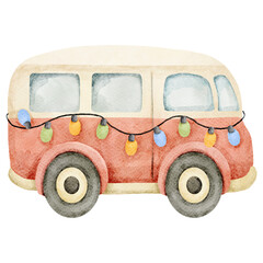 Watercolor Illustration of Red Christmas Camper Van