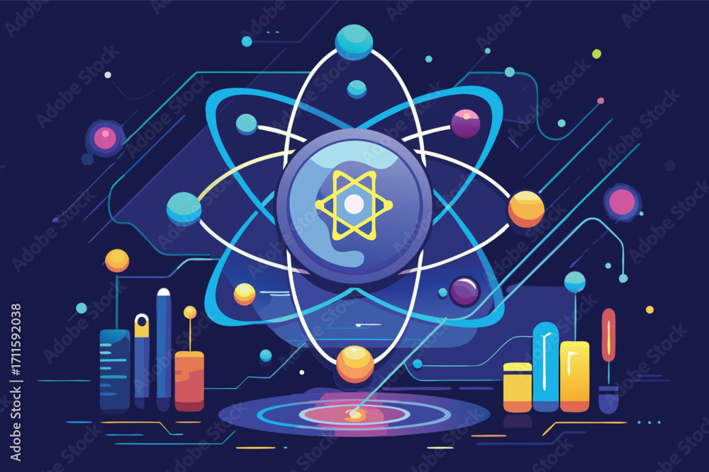 Poster science concept illustration showing an atom with dynamic elements and digital patterns