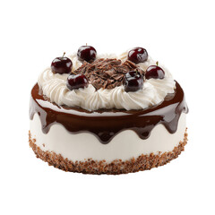 Delicious cherry chocolate cake with whipped cream topping on transparent background