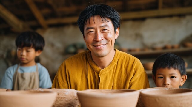 Father and son working together at a pottery workshop.
