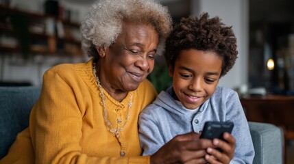 Fototapeta premium Woman and child using smartphone.