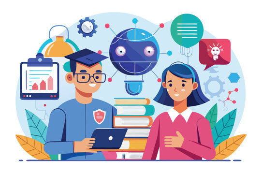 Students engaging with technology in a learning environment filled with books and educational tools