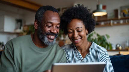 An elderly couple sharing a moment together while using a tablet.