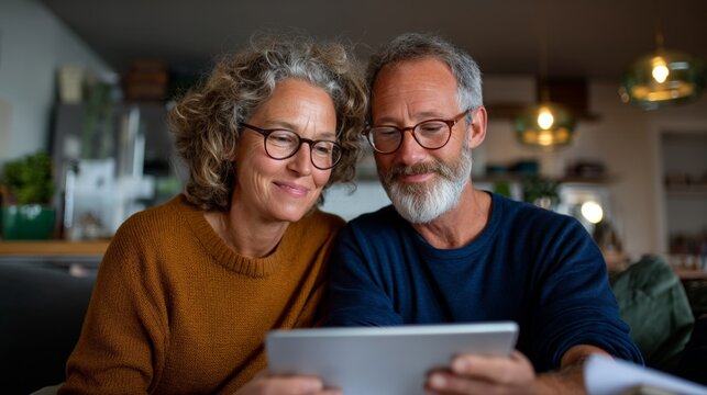 Older couple looking at tablet.