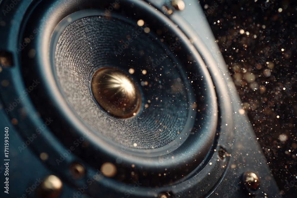 Poster close-up of an audio speaker vibrating, with golden particles flowing around it, creating a dynamic 