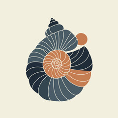 Stylized sea shell, in concentric shapes of blue and orange, on an off-white backdrop