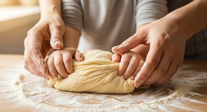 Guiding Hands: A Mother and Child's Shared Moment Kneading Dough in Soft Sunlight