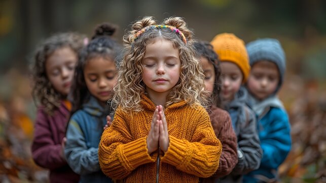 A diverse group of young children meditating peacefully in an autumn forest fostering mindfulness and connection