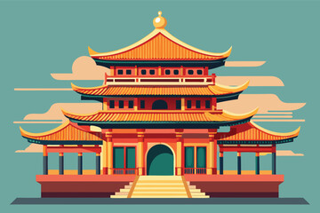 Traditional Asian temple with ornate roof design against a teal sky backdrop