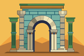 Fototapeta premium Archway stands proudly against a vibrant sunset over a sandy landscape in a stylized illustration