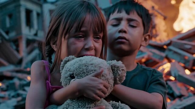 Desperate children stand crying in a demolished war zone holding an old teddy bear.