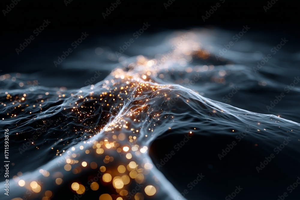 Poster golden particles are flowing over a dark abstract wavy surface, creating a mesmerizing visual effect