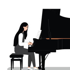Woman with long dark hair playing a black grand piano in grayscale attire, side profile view