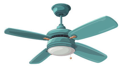 A digital illustration of a teal ceiling fan with a light kit. The fan has four blades and a dome-shaped light fixture in the center. The fan is depicted against a white background and appears to