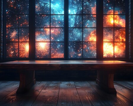 A wooden table reflects a dazzling display of colorful fireworks and a starry night sky - Powered by Adobe