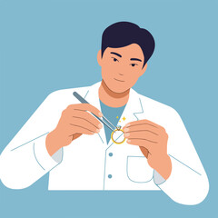 Man in white coat holding a diamond ring with tweezers against a light blue backdrop
