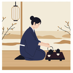 Illustration of a person in kimono performing tea ceremony, with a warm, minimal aesthetic