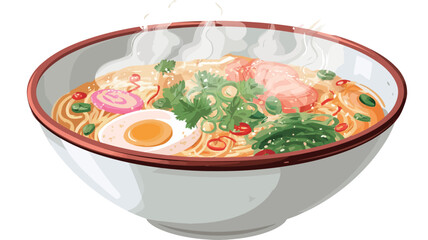 A high-angle, close-up illustration depicting a bowl of ramen noodles. The bowl is white with a reddish-brown rim.  The ramen contains visible noodles, broth, a soft-boiled egg, pieces of shrimp or