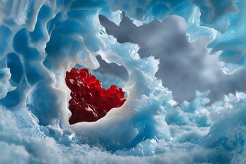 Heart-shaped red ice sculpture in blue ice cave formation