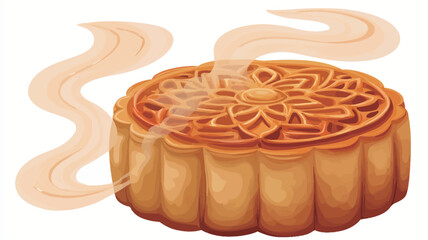 A digital illustration of a single round mooncake.  The mooncake is light brown/golden in color with an intricate floral pattern embossed on the top.  The illustration style is slightly painterly,