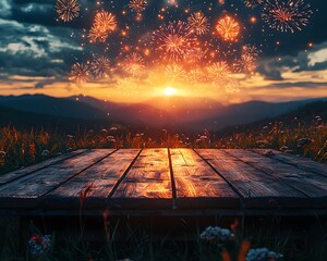 A rustic wooden table overlooks a vibrant sunset illuminating mountain peaks with a spectacular fireworks display illuminating the twilight sky