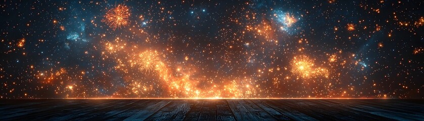 Naklejka premium A wooden surface beneath a vibrant cosmic sky filled with glowing nebulae and distant fireworks
