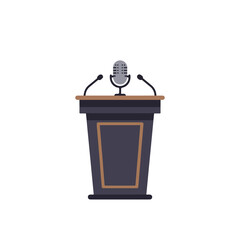 Isolated podium with central microphone and two side microphones, on a white background