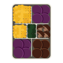 Bento box with corn, purple potatoes, green vegetables, and mushrooms in separate sections