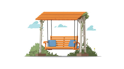A digital illustration depicting a wooden garden swing with an orange wooden canopy. The swing has a light brown wooden frame and two blue cushions.  It is situated amidst green bushes and small