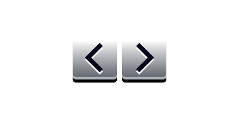 Two glossy buttons displaying left and right angle brackets on a white background in a digital illustration