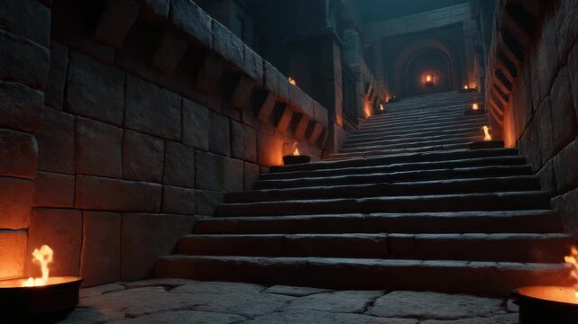 Ancient stone staircase illuminated by firelight in dark mysterious corridor with textured walls and arched doorway at top evoking dramatic eerie atmosphere and sense of adventure history