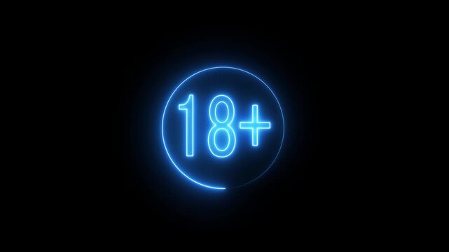 neon  18 plus icon sign animation. Under 18 sign warning symbol concept. Eighteen or older persons adult content colorful 18 plus only rating on black background...
