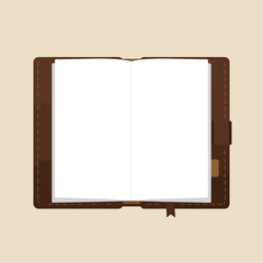 Open notebook with white pages and dark brown leather cover with light brown background