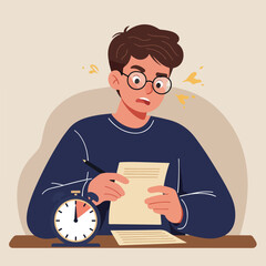 Stressed student stares at paper, timer visible, symbolizing pressure and impending deadline