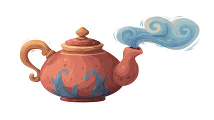A digital illustration of a reddish-brown clay teapot with a gold-colored lid and handle.  The teapot features a blue decorative pattern on its body.  Light blue stylized steam is depicted rising