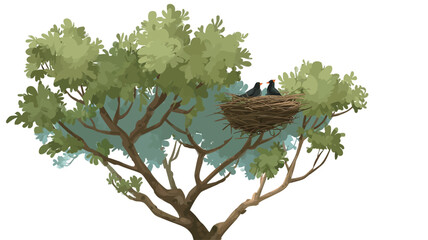 Digital painting or illustration of a tree with a bird's nest containing two birds. The tree has green and blue-green leaves and brown branches.  The nest is made of twigs and is situated among 