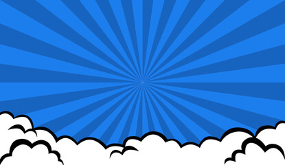 Blauer sunburst Hintergrund mit Comic Wolken