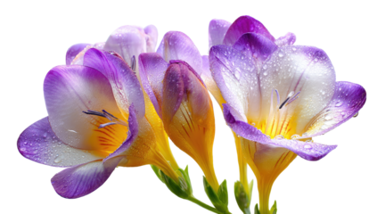 Close-up of three fritillary flowers.  Delicate, vibrant purple and yellow blossoms with water droplets.  Detailed petals and stamens