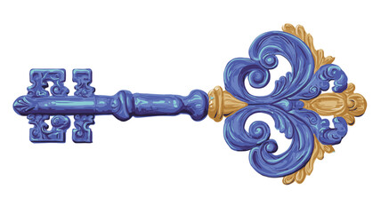 A digital illustration of an ornate key. The key is predominantly blue with gold accents on the decorative head.  The bit is simple, while the bow is highly decorated with swirling floral and