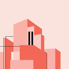 Geometric, peach-toned depiction of abstract buildings with simple lines and forms